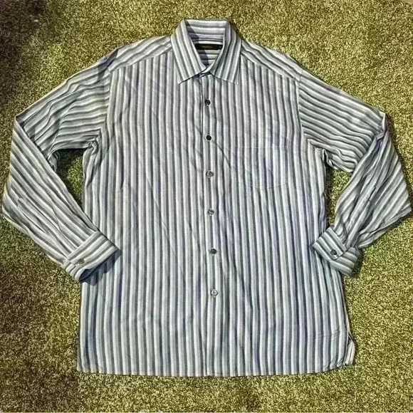 Ermenegildo Zegna Shirt Men's XL Blue/White Long Sleeve Striped Button Down - Picture 1 of 11